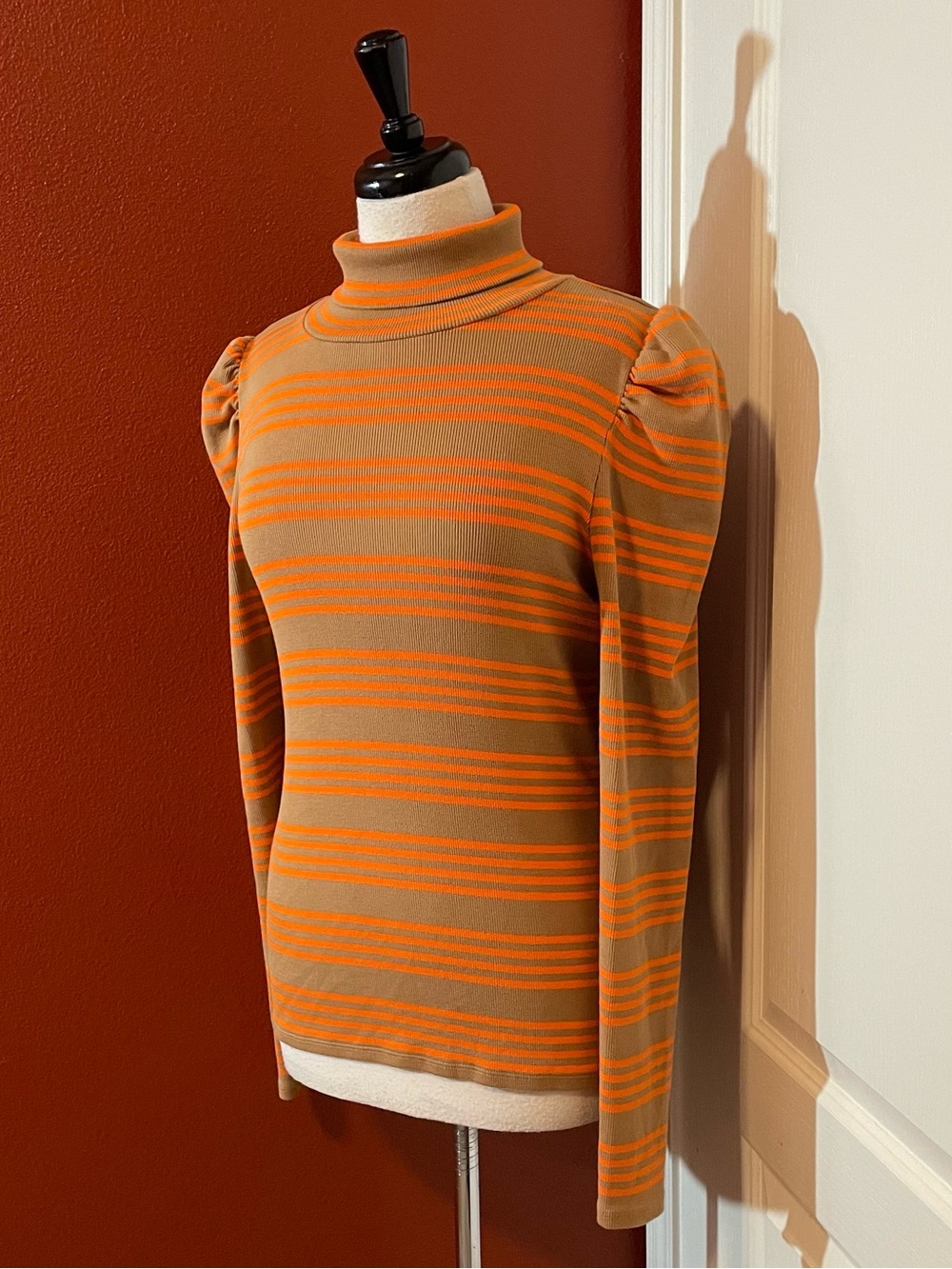 Veronica Beard Women’s Cedar Stretch Stripe Pima Cotton Puff Shoulder Turtleneck
